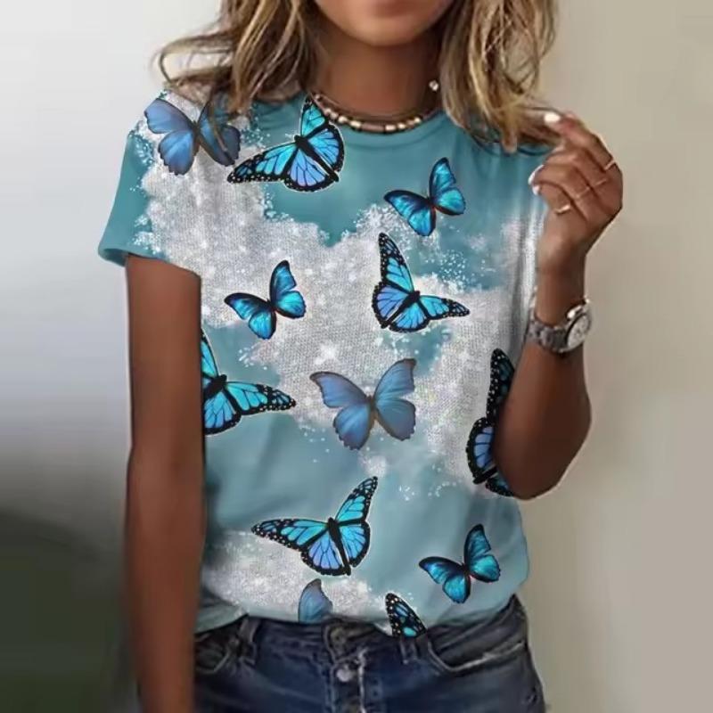 Женская футболка с принтом в виде 3D-бабочки, женская футболка с круглым вырезом, повседневная футболка Harajuku Y2k Fashion, свободный топ большого размера