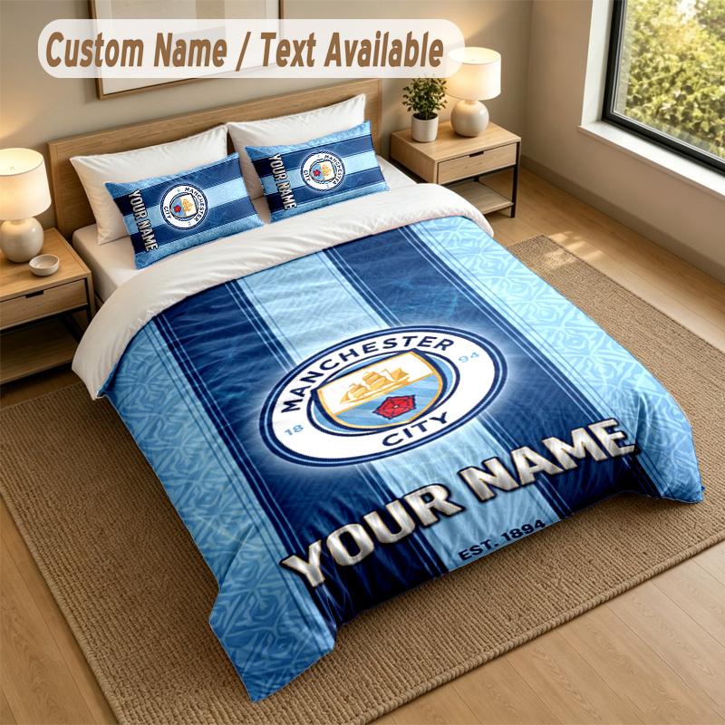 3Pcs Bedding Set Custom Name Text, 1 Sheet 2 Pillowcases Home Bed DecorManchester City