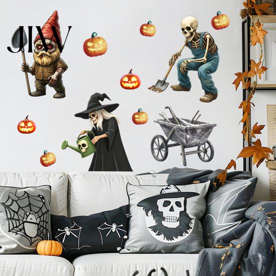 Removable Seasonal Wall Clings Halloween Sticker, Pumpkin Witch Skeleton Printed, Self-adhesive Waterproof Decals PVC Decals, for Autumn Harvest Farm