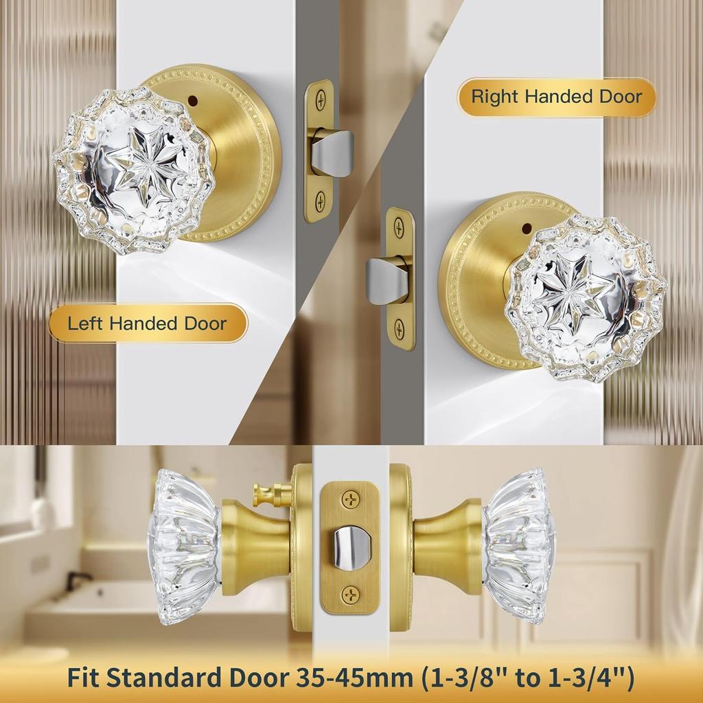 Privacy Crystal Door Knob, Gold Vintage Crystal Door Knob with Privacy Lock, Glass Doorknob Interior for Bathroom, Bedroom, Satin Brass