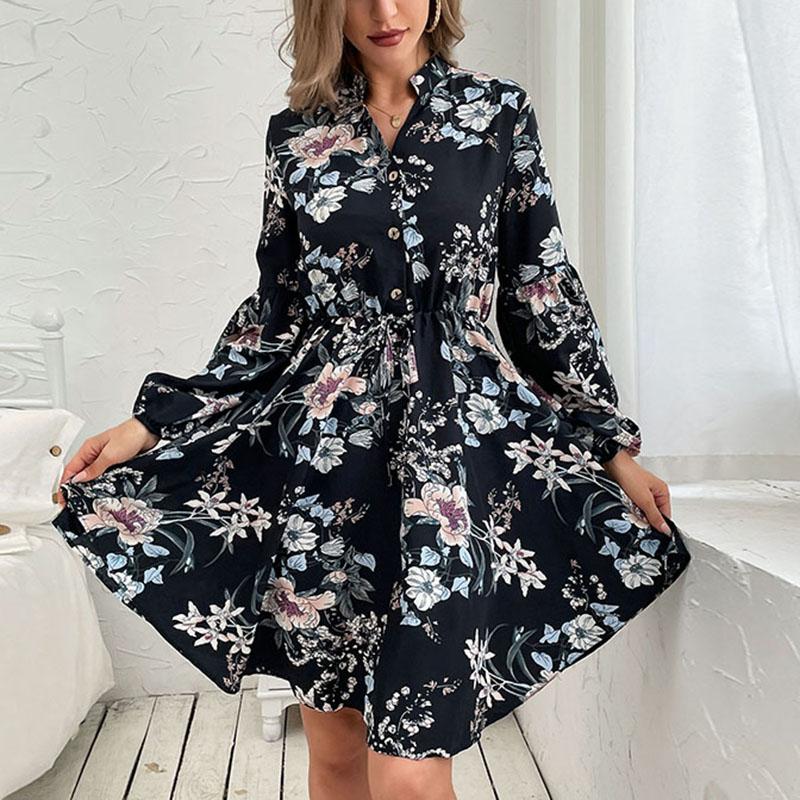 Women's Vintage Floral Print Long Sleeve V-Neck High Waist Casual Dresses