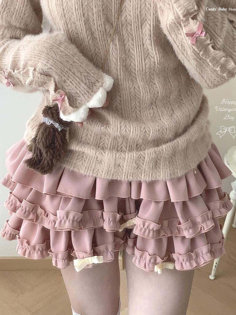 Мини-юбка с бантом для женщин Каваи Милая юбка-торт с оборками Шорты для девочек Харадзюку Одежда в японском стиле