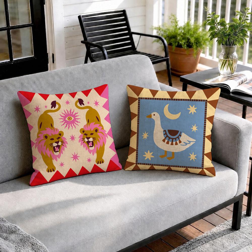 Whimsical Sun Moon Animal Cushion Cover Natural Breathable Durable Linen Printed Decor Pillow Case Sofa Bedroom