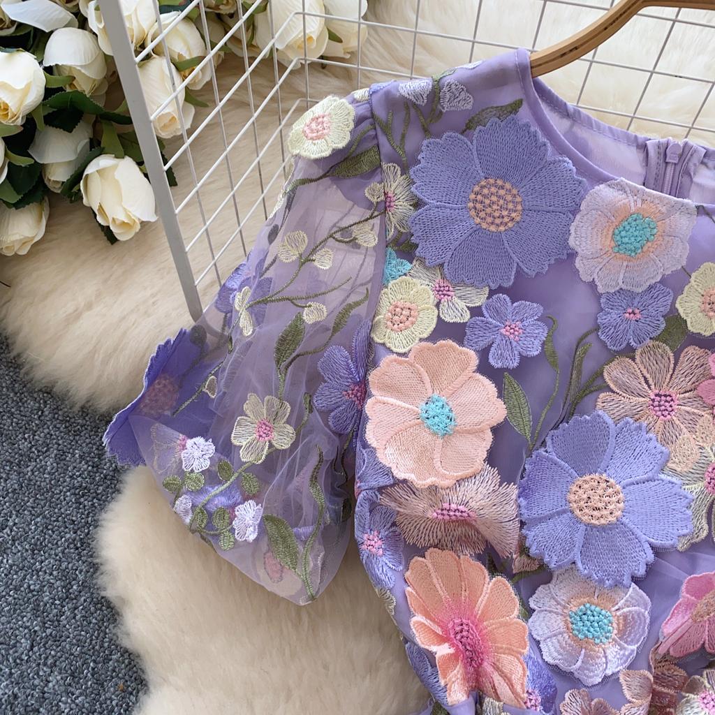 Элегантное цветочное вышитое О-образное платье в стиле винтаж с коротким рукавом и фонариком, шикарное облегающее платье-русалка, французская вечерняя женская одежда для улицы