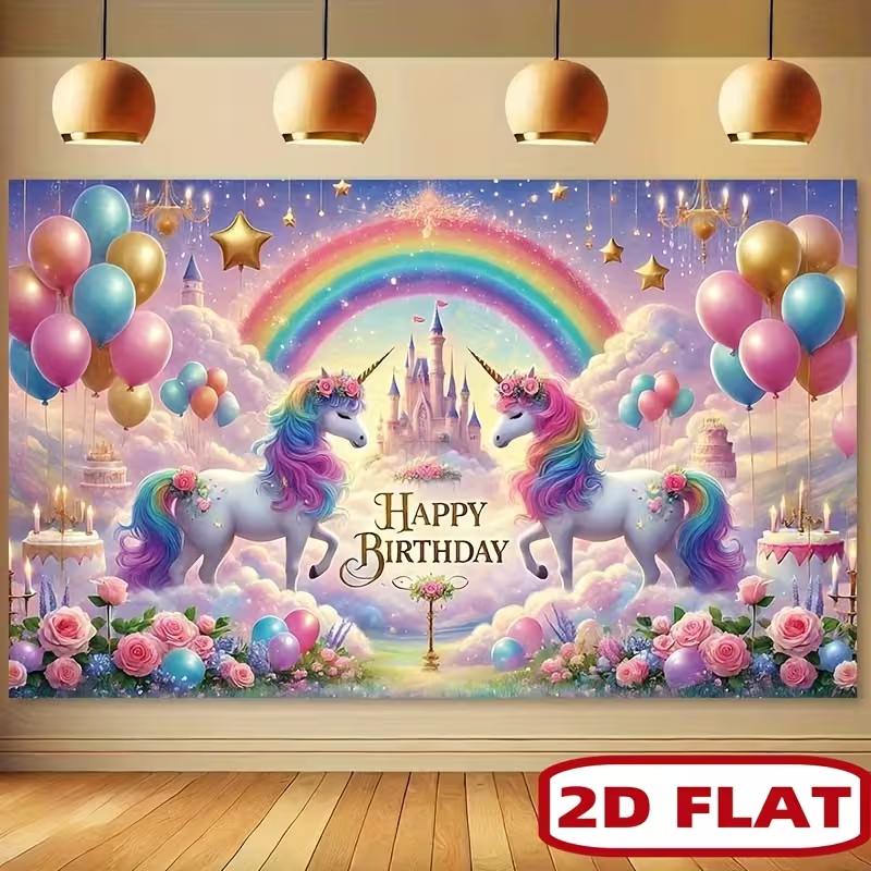 2D Unicorn Happy Birthday Backdrop Rainbow Castle Photography Background for Kids Party