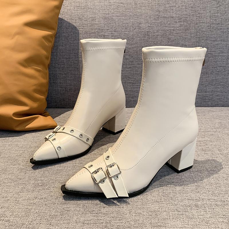 Осенние новые массивные одинарные ботинки женские модные заостренные металлические пряжки молния сзади нескользящие удобные короткие ботинки