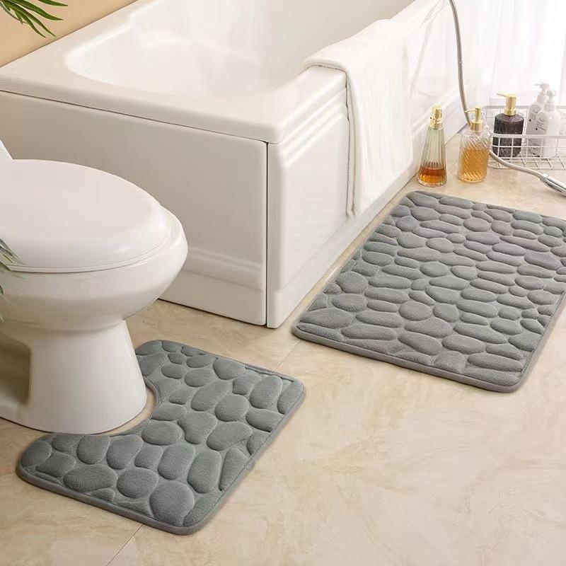 Non Slip Absorbent Bathroom Rug Set Grey Soft Pebble Design 1/2 Piece for Bathroom Toilet Front Floor Use
