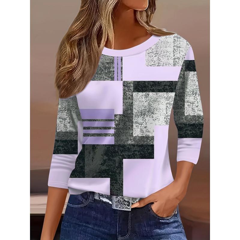 Women's 3D Printed Plaid Print T-shirt Fashion Long Sleeve Round Neck Regular Tops Holiday Weekend Spring and Autumn