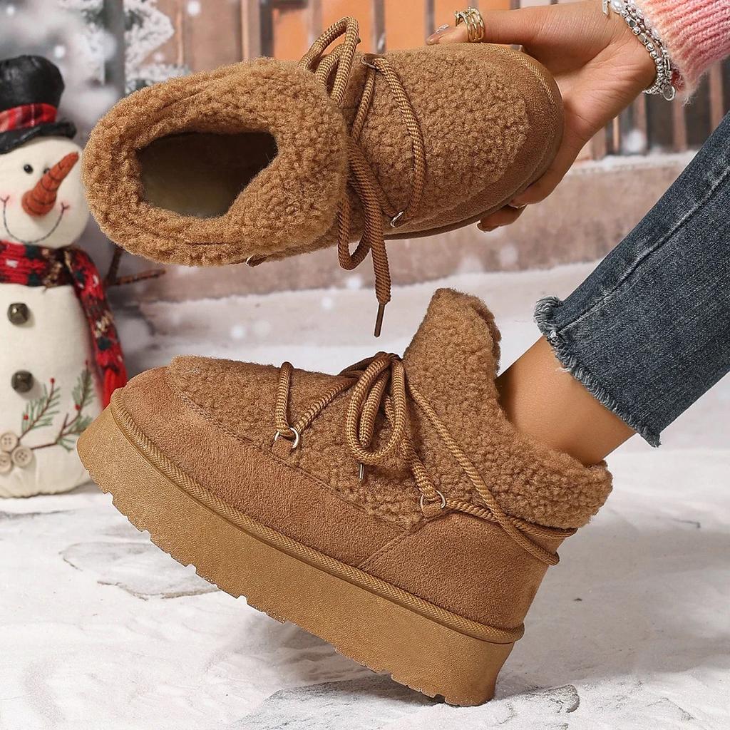 Fashion Women's Chunky Fluffy Fur Lace Up Winter Boots New Faux Shearling Warm Comfort Ankle Boots Anti-slip Platform Snow Booties
