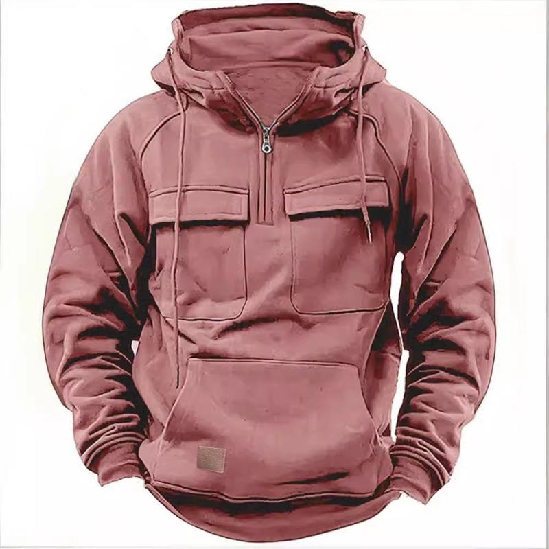 Men’s Solid Color Hooded Sweatshirt with Multi Pockets