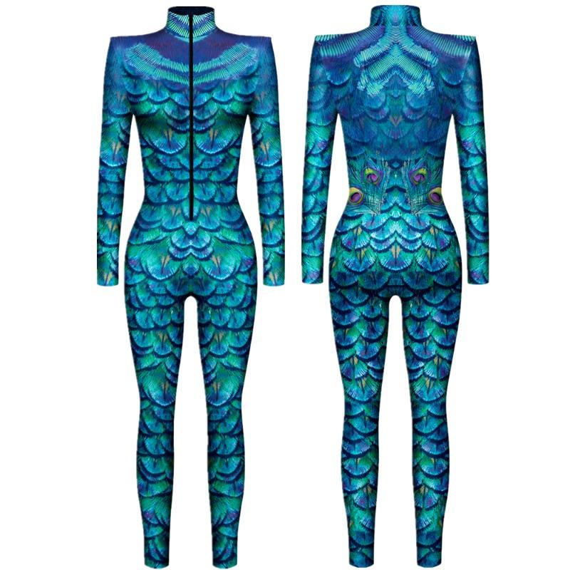 Животное Чешуя Павлинье Перо Змеиная Кожа Интересный Панк Готика Женщины Сексуальный Хэллоуин Тонкий Комбинезон Косплей Костюм Боди