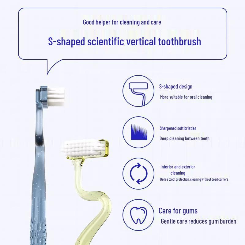 S-Shaped Toothbrush with Soft Bristles – Family Pack for Adults; Effective On Gums and Tongue, Ideal for Interdental Cleaning