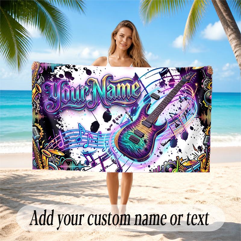 Music Theme Quick Dry Beach Towel Custom Name Text Print Large Sand Resistant Towel Beach Vacation