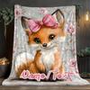 Индивидуальное флисовое одеяло с лисой и розовым бантом, с персонализированным именем, милый принт с животными, плед, мягкое, теплое, для всех сезонов, постельное белье, подарок для девочек