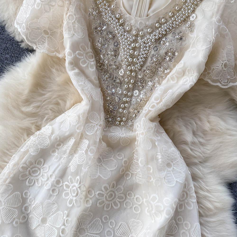 Women Fashion Mesh Flower Embroidery Luxury Beading Party Dinner Dresses Lady Elegant Retro V-neck Midi Evening Sundress