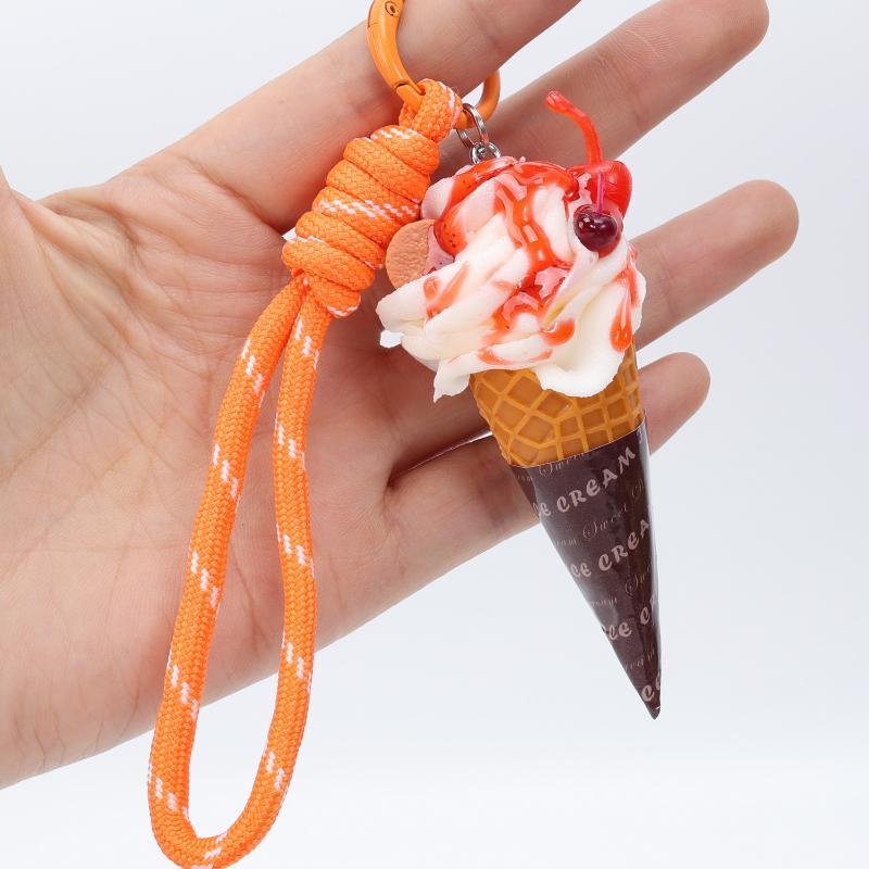 Simulation Ice Cream Cone Keychain Braided Lanyard Realistic Design Backpack Pendant Gift For Girls