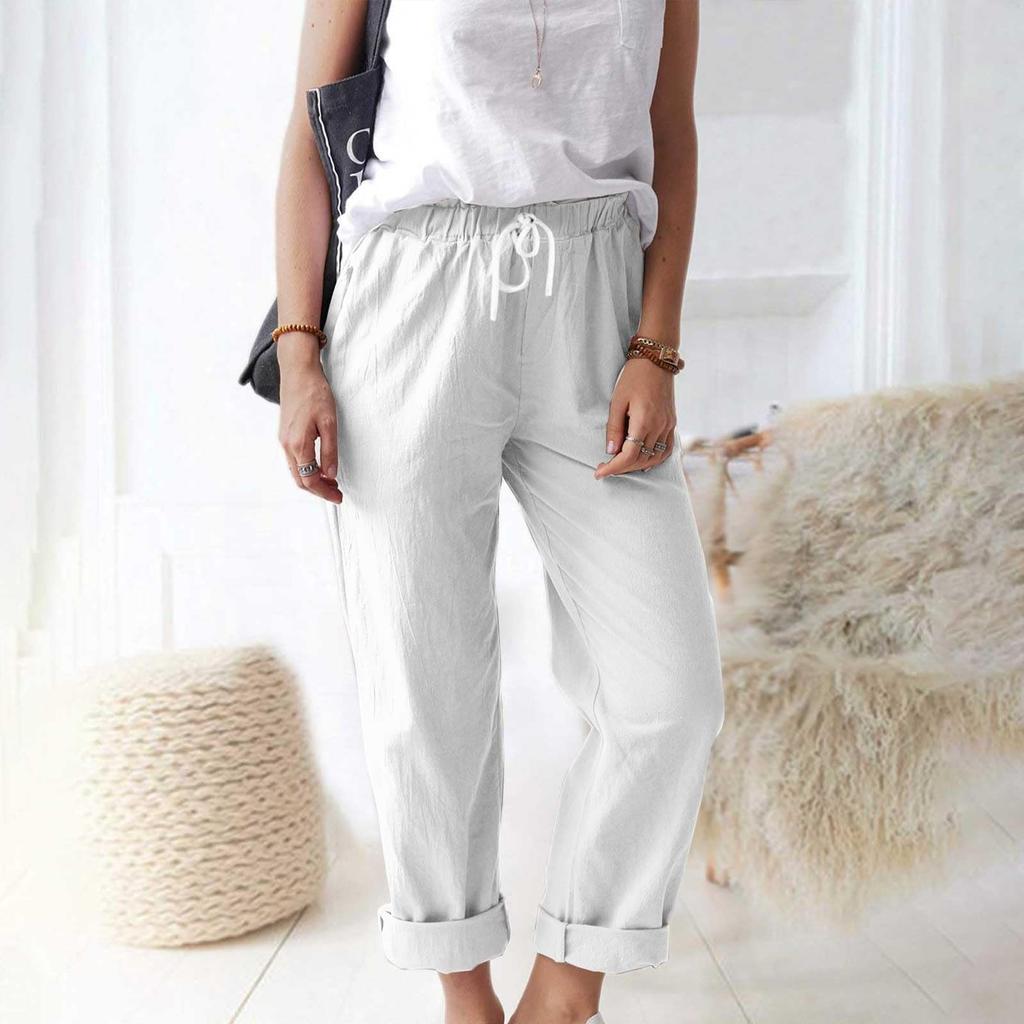 Women's Pants, Casual Solid Color Pocket Pants Elastic Waist Loose Straight Leg Pants