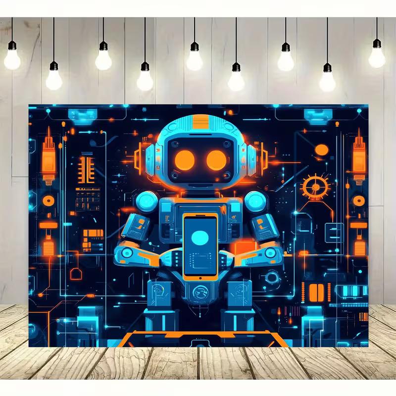 Cartoon Robot Tech Backdrop, Kids STEM & Robotics Photography Background