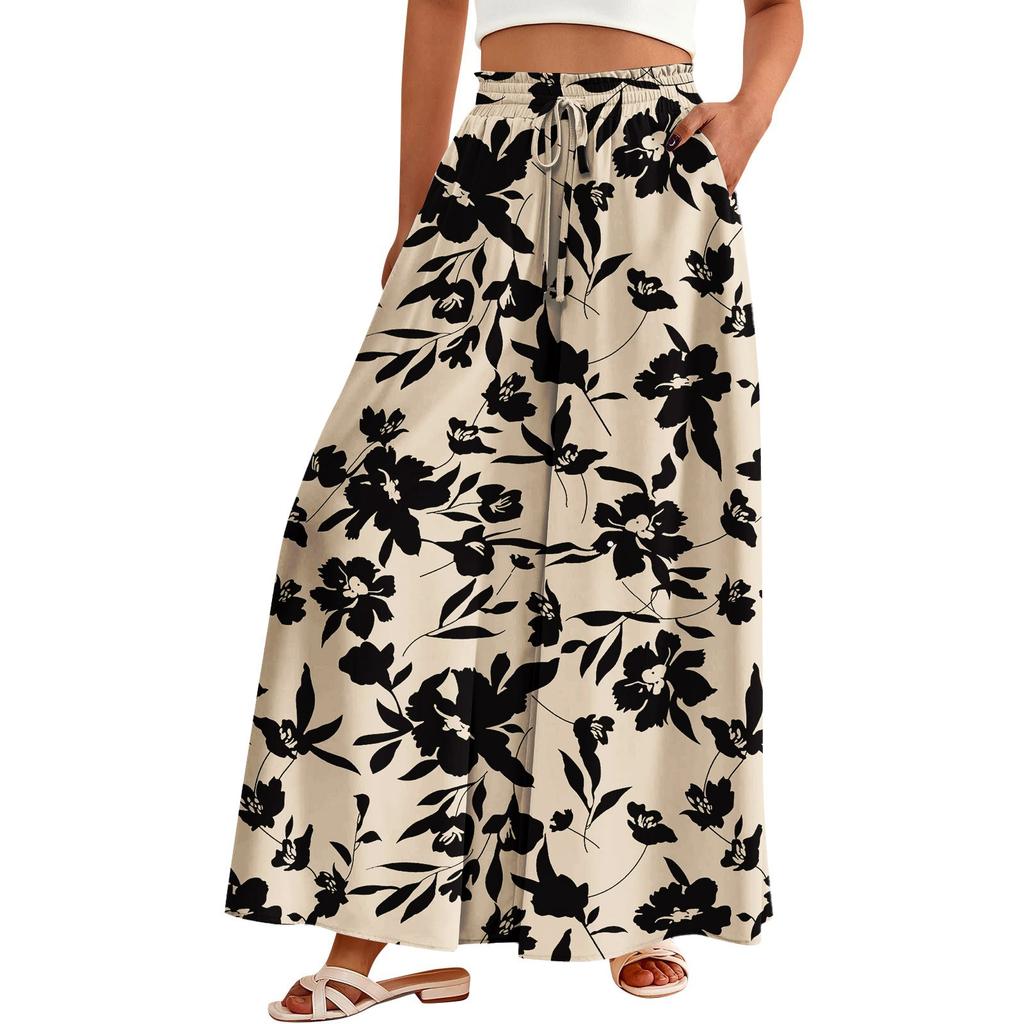 Women's Palazzo Pants Boho Floral Wide Leg Trousers Summer Beach High Waisted Flowy Pants With Pockets