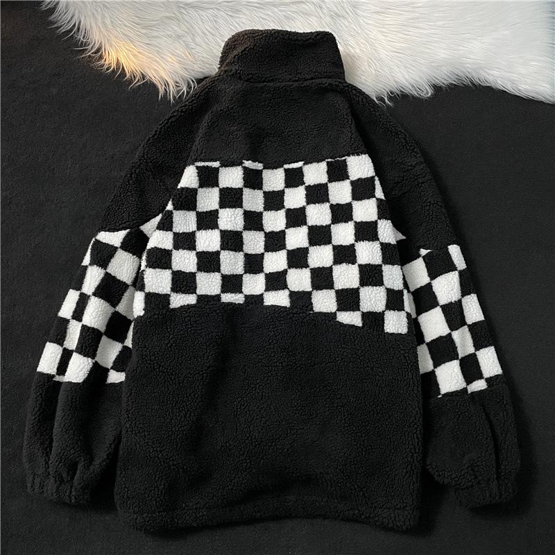 Checkerboard Cotton Jacket Male Autumn Winter Lamb Wool Cotton Jacket Couple Loose Stand Collar Cotton Jacket