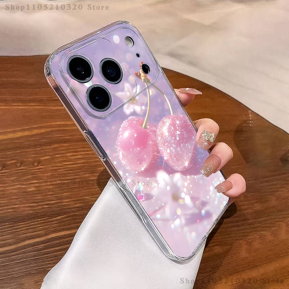 Прозрачный чехол для телефона с кристаллами и вишней для iPhone 17,16,15,14,13,12,11 Pro,Max,Plus,XR,Mini,E, Полное покрытие, Мягкий чехол