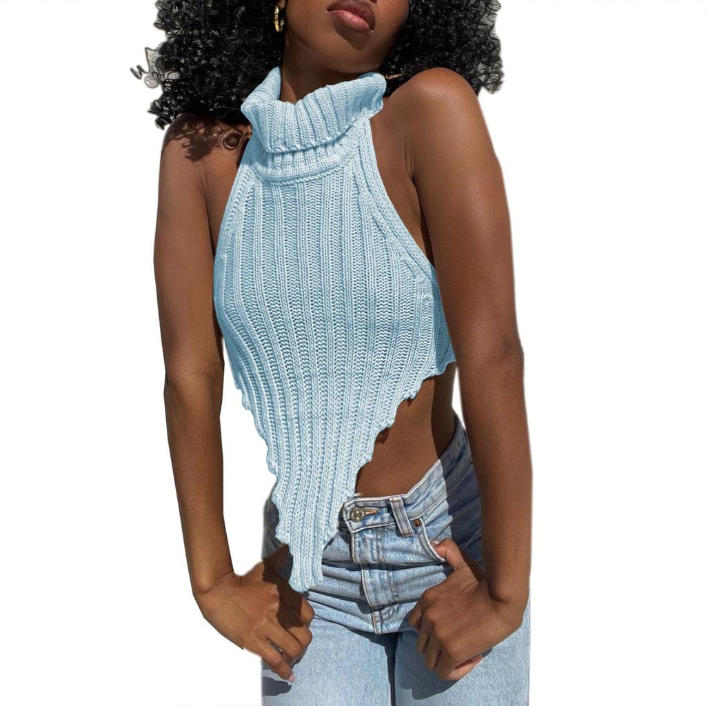 Women's High Neck Irregular Sexy Backless Woolen Knitted Vest Top