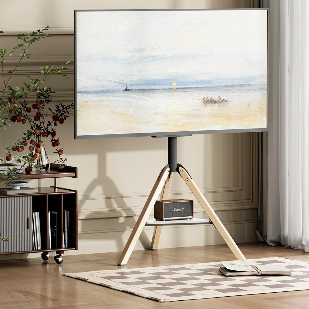 Corner TV Floor Stand with Sintered Stone Shelf Height Adjustable Tripod TV Mount for 40-75 Inches