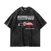 Слоган BORN FREE Принт автомобиля Потертая футболка Свободный крой Уличная одежда Повседневная одежда Уличная одежда Топ с коротким рукавом