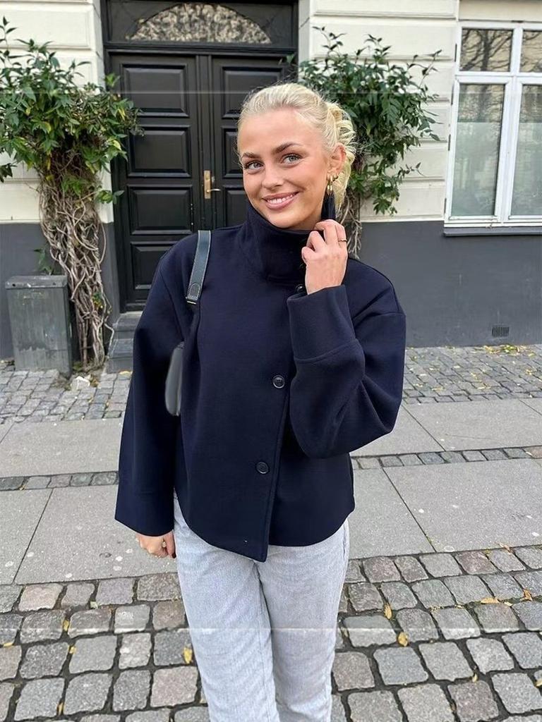 Осень Зима Новая Женская Одежда Элегантное Изящное пальто с воротником-стойкой на пуговицах с длинным рукавом из смесовой шерсти Толстое