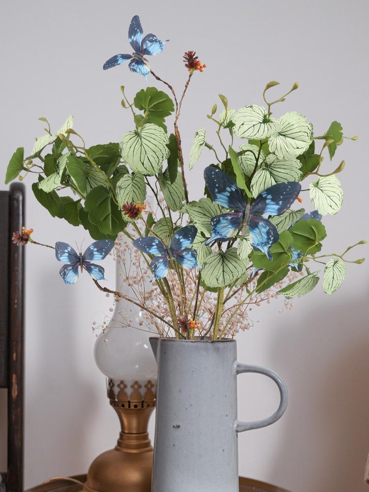 6Pcs Artificial Green Plants Faux Plants 70cm Real Touch Begonia Leaves Branches with Butterfly Fake Flowers Arrangements for Home Office Shop Decor