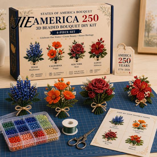 Mini Flower Bouquet Craft America 250 Beaded DIY Kit, 4th of July Patriotic Fantasy Art Kit Handmade Set, 1776-2026 Independence Day 3D Making