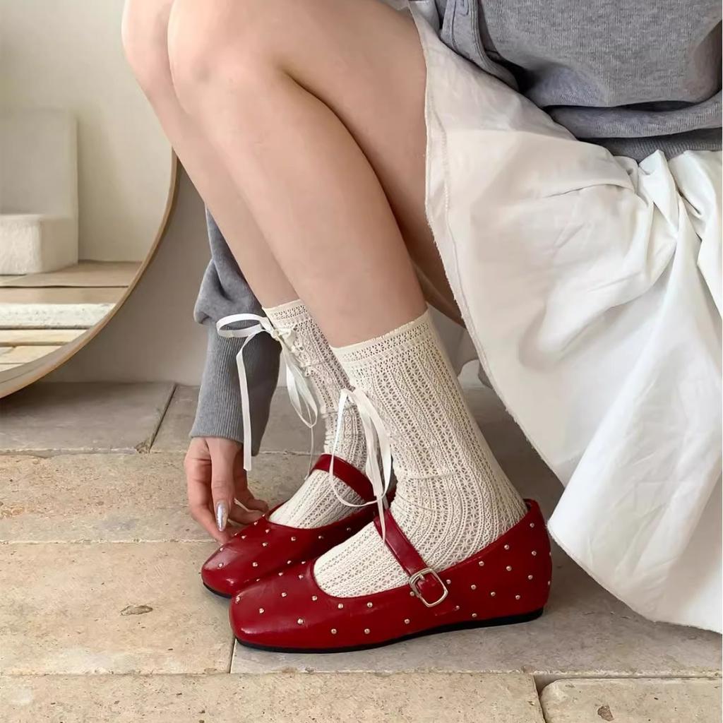 Inner Heightening Version~ Retro Gypsy Star Riveted Ballet Single Shoes Women's Spring and Autumn One-word Buckle with Shallow Mouth Mary Jane Shoes