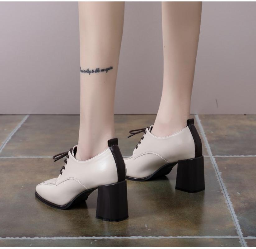 British Style High Heels 2024 Autumn New Women's Square Head Thick Heels Women's Shoes Lace Up Shallow Cut Single Zapatos Mujer