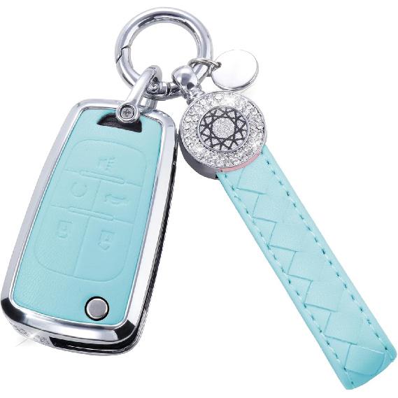 for Volvo Key Fob Cover with Keychain, Blue Leather Rhinestone Key Case Protection Shell Compatible with XC90, XC60, XC40, S60, S90, V60, V90,