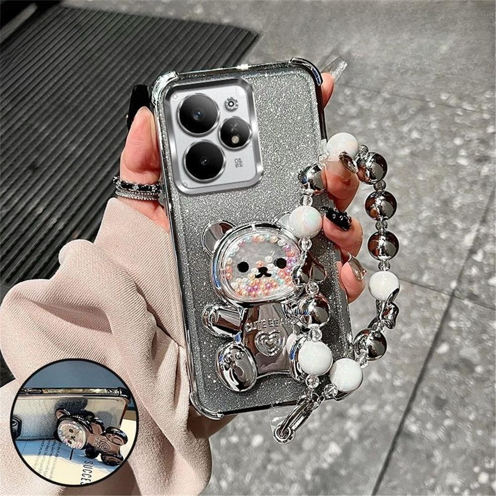 Роскошный чехол-подставка с бантиком и ремешком в виде медвежонка для Xiaomi 15T 14T Pro 13T 12T 11 Lite 12 17 Pro Max Мягкий блестящий противоударный