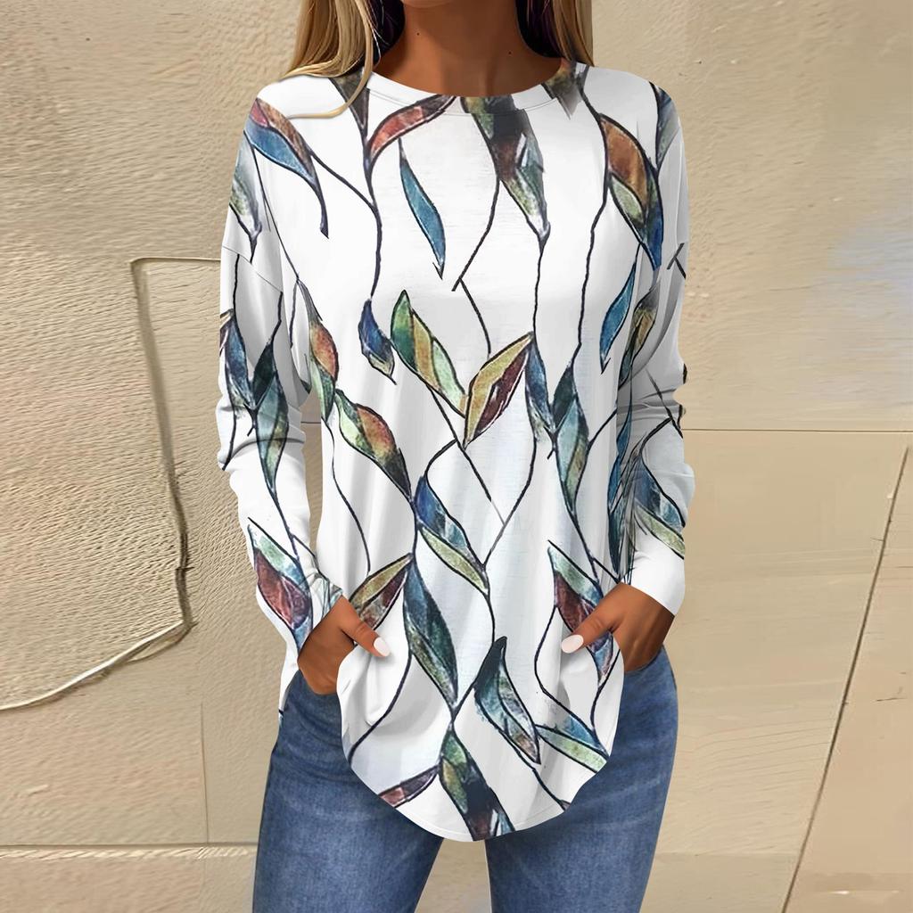 Женская свободная футболка с длинным рукавом с круглым вырезом и принтом, верхний пуловер