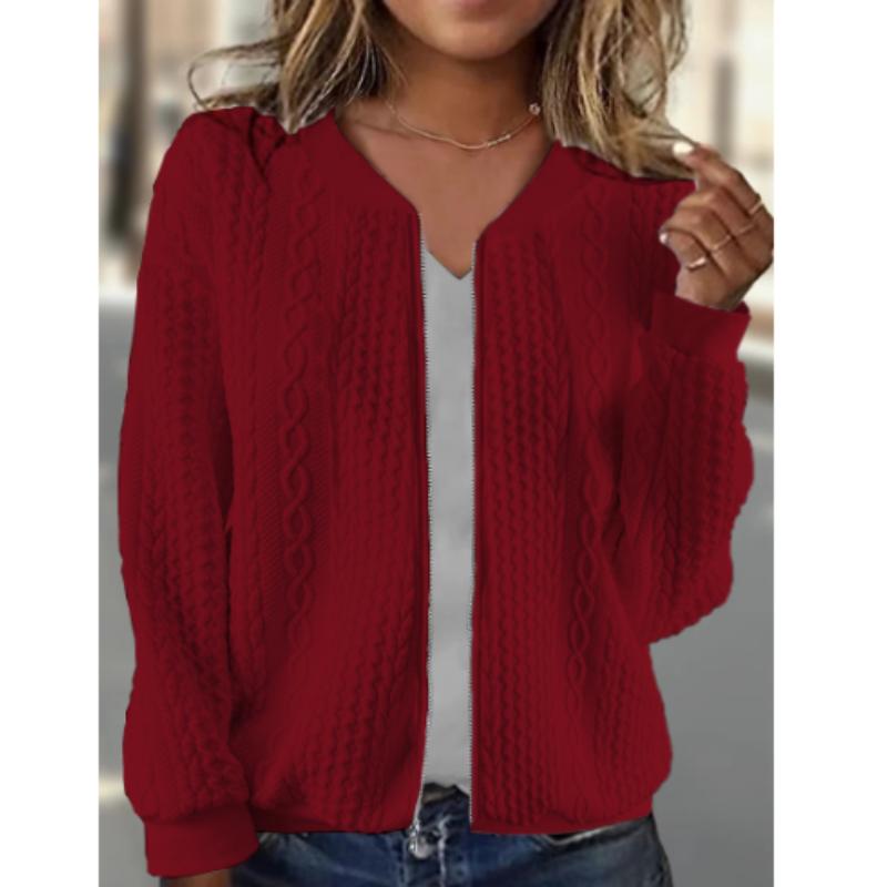 Текстурированный бомбер на молнии, повседневная однотонная верхняя одежда с длинными рукавами, женская одежда