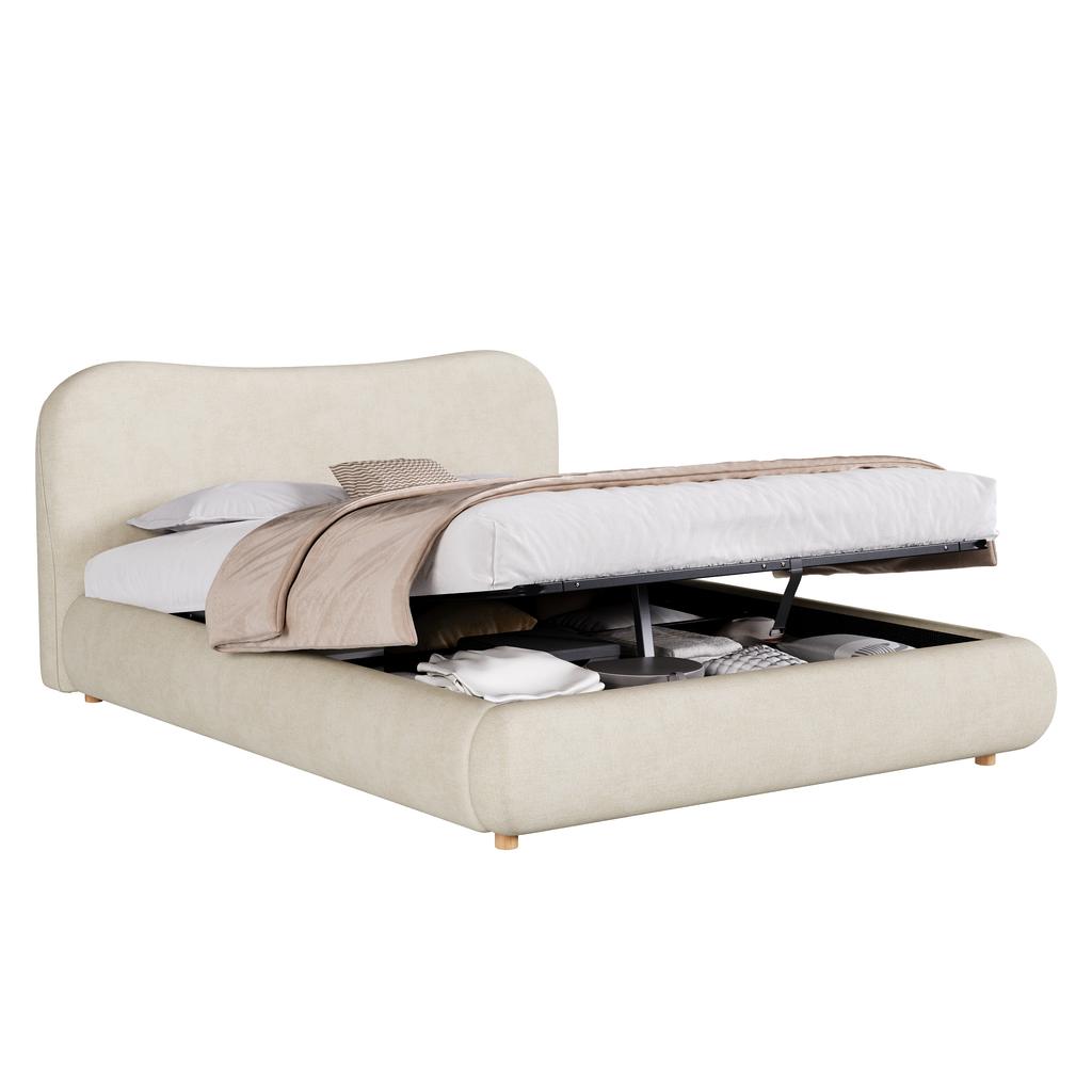 Upholstered bed, 160*200cm, hydraulic function bed, bed with slatted frame, headboard and large storage space, solid wood bed legs, beige chenille