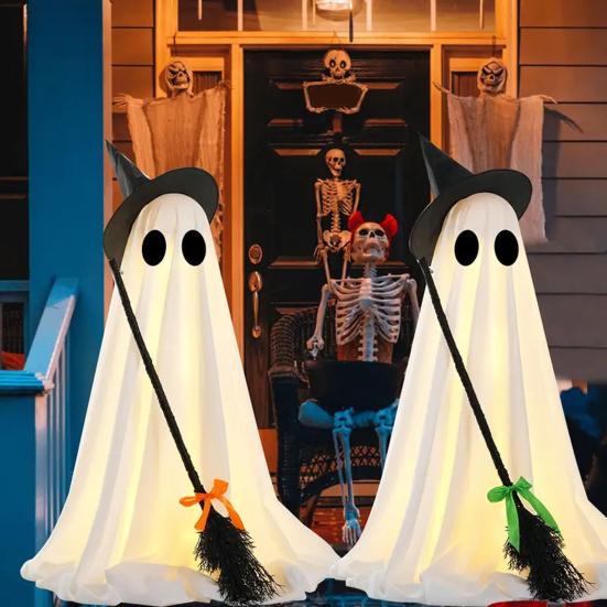 Glowing Ghost Decoration Halloween Light-Up Decoration, Spooky Witch Hat Ornament with LED Yard Light, Broom Decor for Outdoor Lawn Porch Holiday