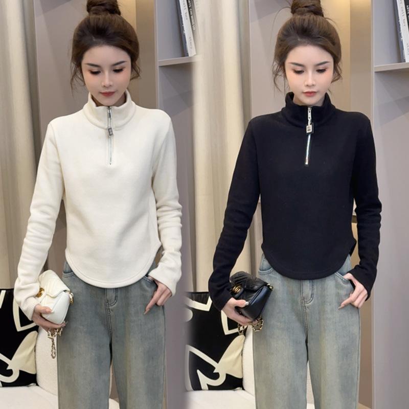 Женская базовая футболка с высоким воротником на молнии, утолщенная, для осени и зимы, облегающий и универсальный дизайн, топ, футболка с длинным рукавом для поездок