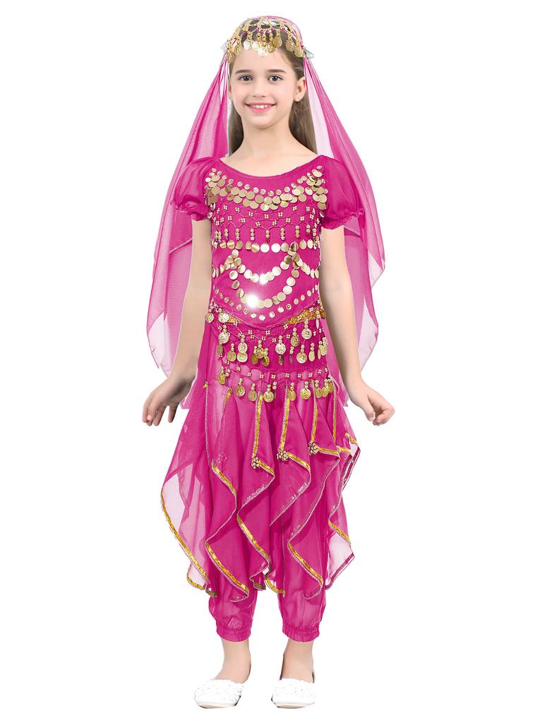 Костюм для танца живота для девочек, комплект из 4 предметов, укороченный топ со шнуровкой сзади, рукава-фонарики, брюки с оборками, шарф на бедрах и платок на голову