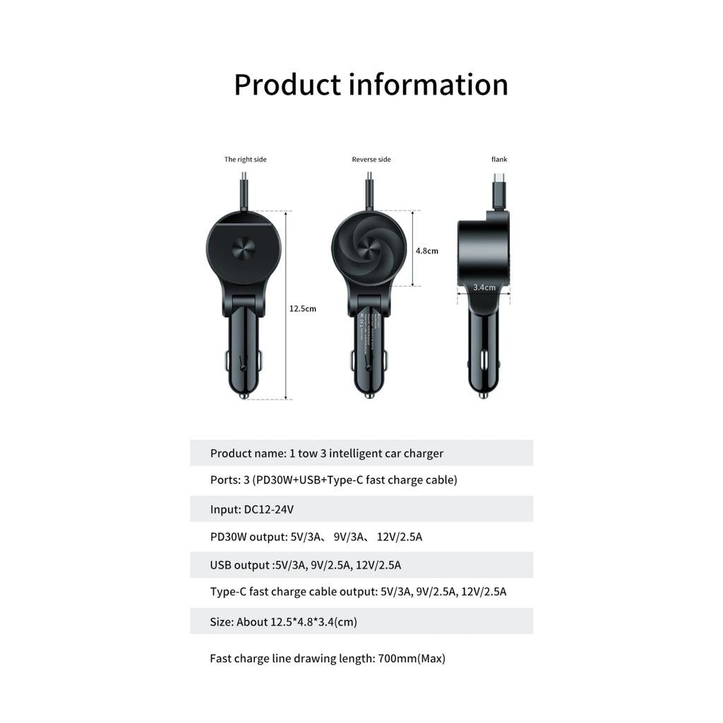 75W 3 In 1 Car Fast Car Phone Charger with Retractable Cable USB Type C Cable Adapter for IPhone Samsung Xiaomi Quick Charger3.0