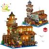 HUIQIBAO City MINI Fishing Village Cabin Micro Building Blocks DIY Fish House Pier With Liight Set Bricks Toys Children Adult