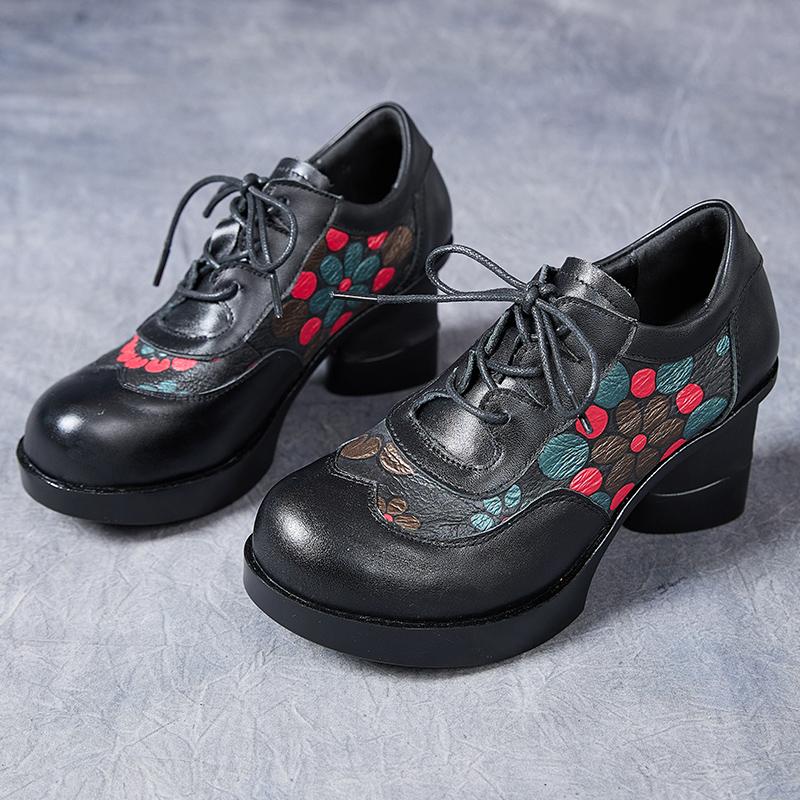 Fashion GKTINOO 2025 Autumn Winter New Retro Printed High Heels Genuine Leather Pumps Mixed Colors Flower Lace-up Women's Shoes