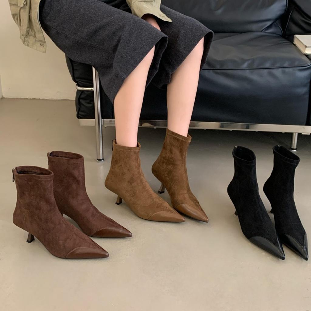 2025 New Korean Version Pointed Head Shallow Mouth Splicing Rear Zipper Low Tube Thin Martin Women's Short Boots