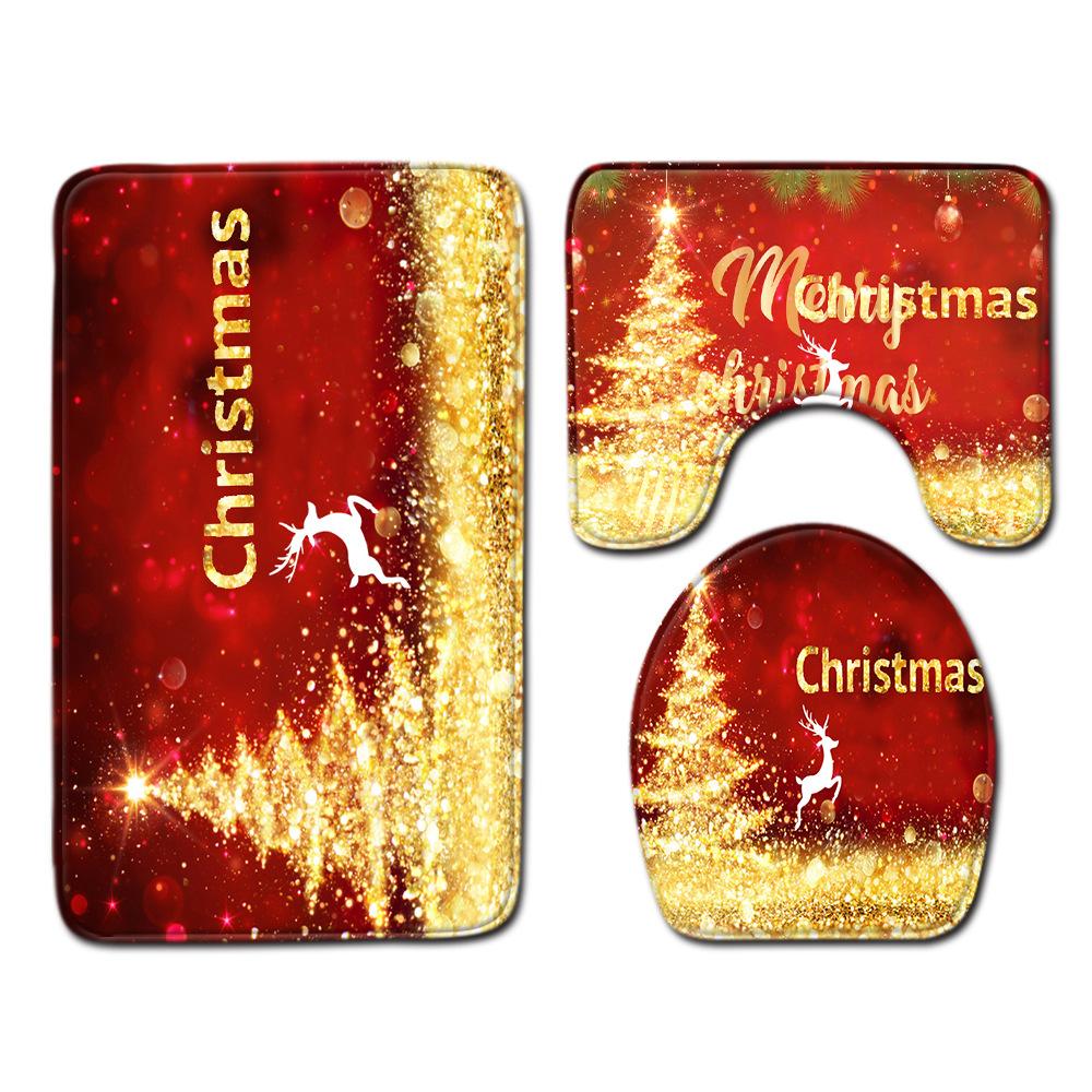 Christmas Bathroom Shower Curtain Toilet Floor Mat Four-Piece Bathroom Non-Slip Door Mat Kitchen Bedroom Absorbent Carpet