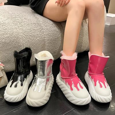 Модные зимние сапоги женские теплые скомбинированные на платформе ботильоны модные нескользящие с круглым носком плюшевые утолщенные слипоны хлопковые туфли