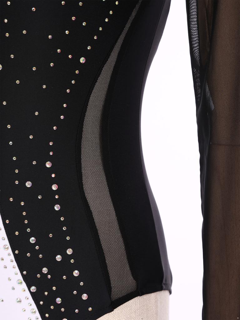 Женский сетчатый гимнастический трико со стразами и длинными рукавами, боди для катания на коньках, комбинезон