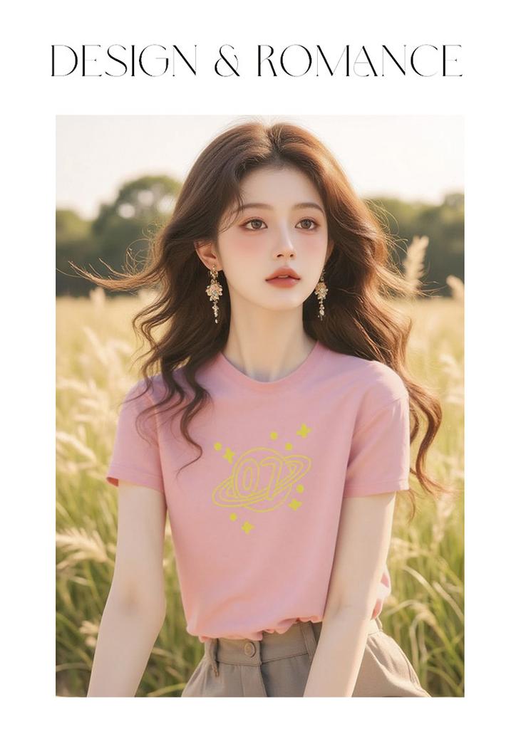 Design inspired printed short sleeved T-shirt for women's summer 2025 new round neck, small and slimming, simple and trendy top