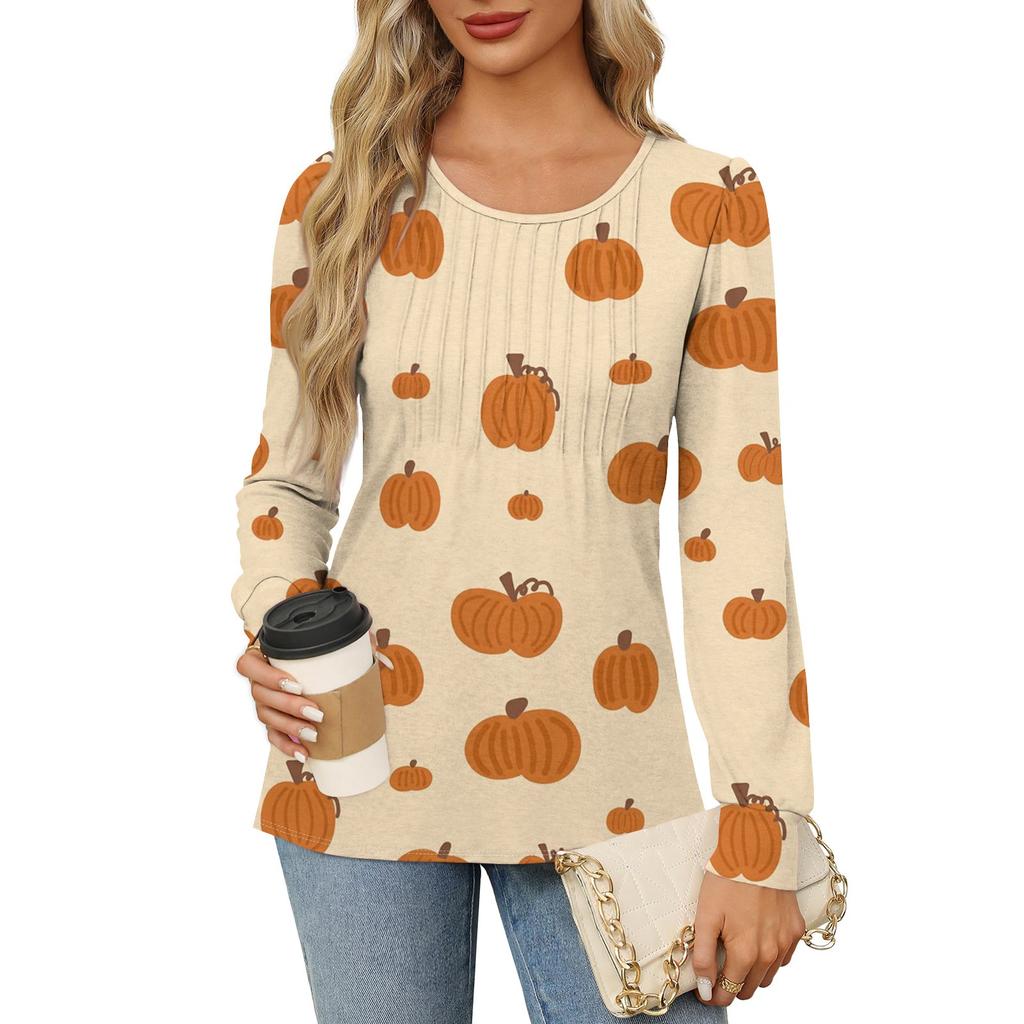 Long Sleeve Shirts For Women Cute Print Graphic Tees Blouses Dressy Casual Blouses Pleated Scooped Neck Tunic Tops Halloween
